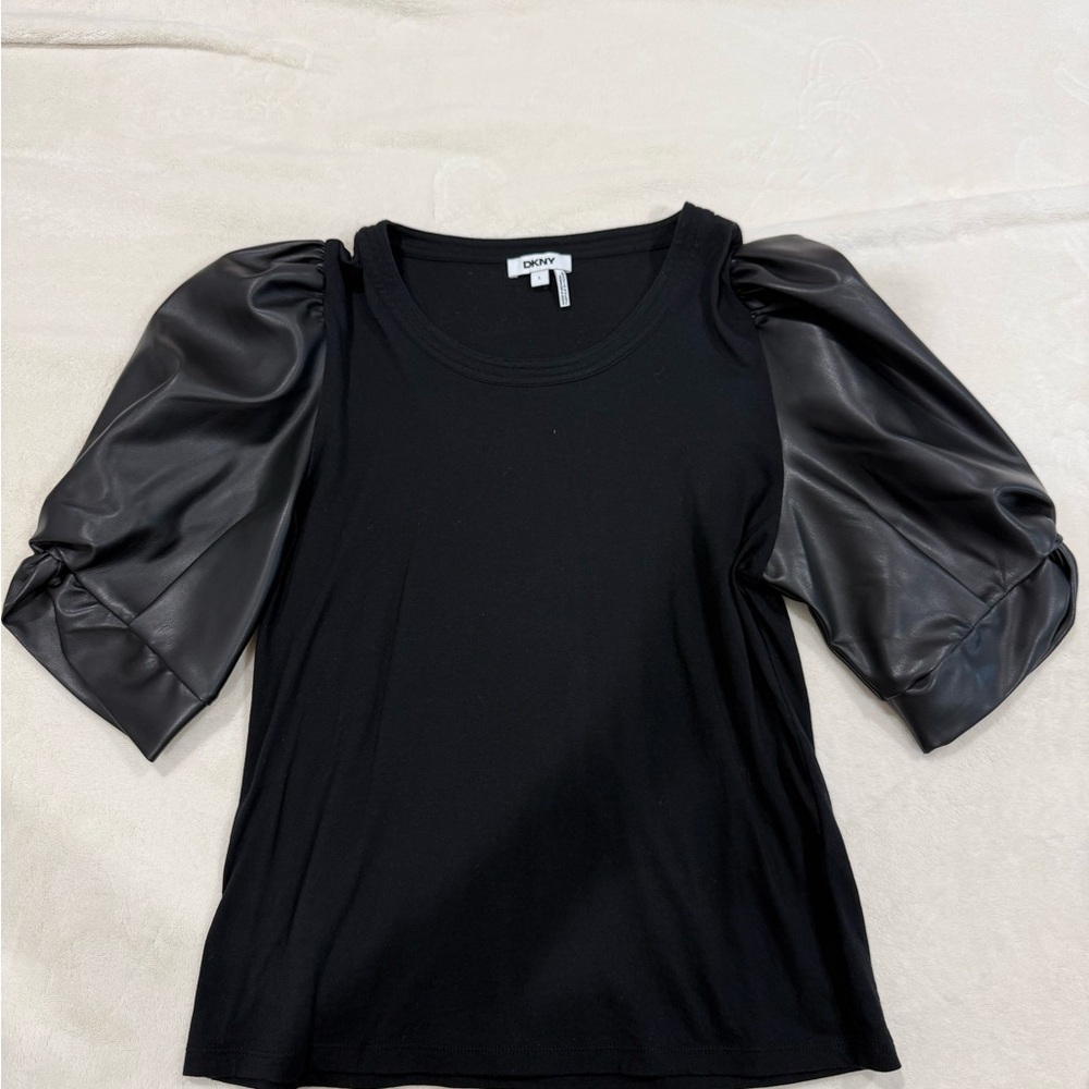 DKNY Black Top with Faux-Leather Puff Sleeves